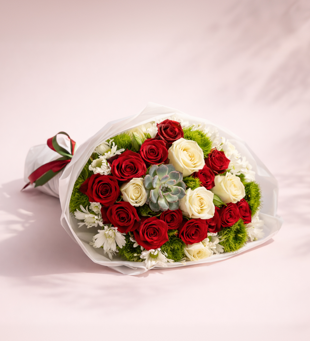 Beyaz Bukette 17 Kırmızı Gül ve 6 Beyaz Gül