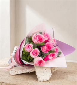 Lila Pembe Bukette 9'lu Pembe Gül